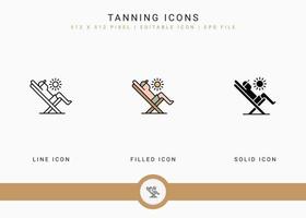 Tanning icons set vector illustration with solid icon line style. Summer beach concept. Editable stroke icon on isolated white background for web design, user interface, and mobile application