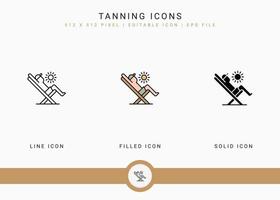 iconos de bronceado establecen ilustración vectorial con estilo de línea de icono sólido. concepto de playa de verano. icono de trazo editable sobre fondo blanco aislado para diseño web, interfaz de usuario y aplicación móvil vector