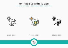 UV protection icons set vector illustration with solid icon line style. Sunscreen shield concept. Editable stroke icon on isolated white background for web design, user interface, and mobile app