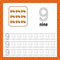 Cards with numbers for children. Trace the line. For kids learning to count and to write. Number nine. Count cars. Educational maths worksheets vector