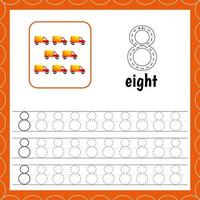 Cards with numbers for children. Trace the line. For kids learning to count and to write. Number eight. Count cars. Educational maths worksheets vector