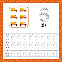 Cards with numbers for children. Trace the line. For kids learning to count and to write. Number six. Count cars. Educational maths worksheets vector