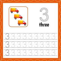 Cards with numbers for children. Trace the line. For kids learning to count and to write. Number three.Count cars. Educational maths worksheets vector