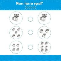 Choose more, less or equal. Count raccoon. Learning counting and algebra kids activity. vector