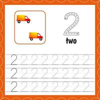 Cards with numbers for children. Trace the line. For kids learning to count and to write. Number two.Count cars. Educational maths worksheets vector