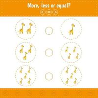 Choose more, less or equal. Count giraffe. Learning counting and algebra kids activity. vector