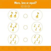 Choose more, less or equal. Count giraffe. Learning counting and algebra kids activity. vector