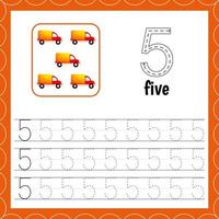 Cards with numbers for children. Trace the line. For kids learning to count and to write. Number five. Count cars. Educational maths worksheets vector