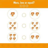 Choose more, less or equal. Count  lion. Learning counting and algebra kids activity. vector