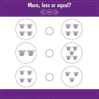 Choose more, less or equal. Count elephant. Learning counting and algebra kids activity. vector