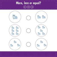 Choose more, less or equal. Count hippo. Learning counting and algebra kids activity. vector