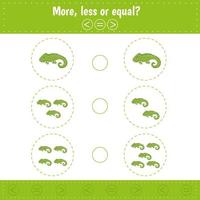 Choose more, less or equal. Count iguana. Learning counting and algebra kids activity. vector