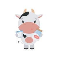 linda vaca con botella de leche. estilo de dibujos animados ilustración vectorial para tarjetas, carteles, pancartas, libros, impresión en el paquete, impresión en ropa, textiles o platos. vector