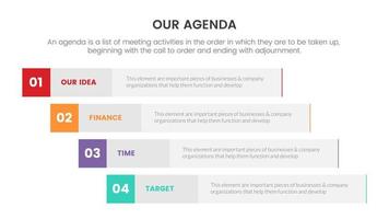 agenda infographic concept for slide presentation with 4 point list and long box vertical shape direction vector