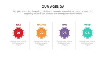 agenda infographic concept for slide presentation with 4 point list and circle horizontal layout vector