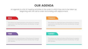 agenda infographic concept for slide presentation with 4 point list and big box horizontal vector