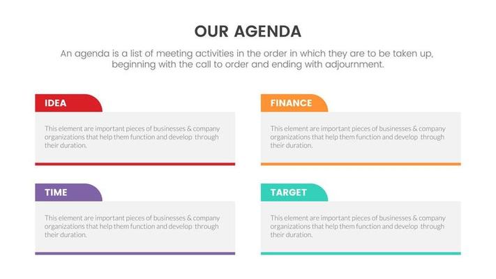 agenda infographic concept for slide presentation with 4 point list and big box horizontal