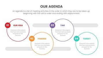 concepto infográfico de agenda para presentación de diapositivas con lista de 4 puntos y dirección horizontal circular vector