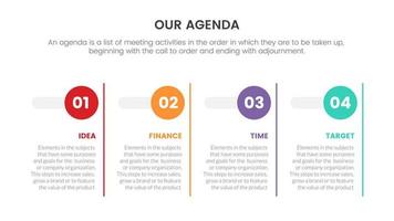 agenda infographic concept for slide presentation with 4 point list and circle box horizontal direction vector