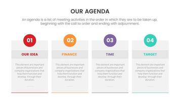 agenda infographic concept for slide presentation with 4 point list and box with horizontal direction vector