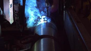 Automatic welding machine, industrial. Automatic welding machine. Large pipe welding construction. Welder at work, industrial. video