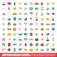 100 railroad icons set, cartoon style vector