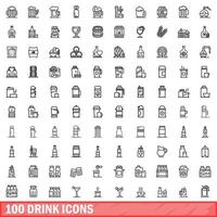 100 iconos de bebida, estilo de esquema vector