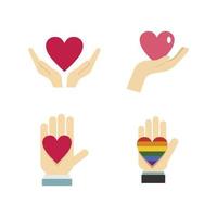 Heart in hand icon set, flat style vector