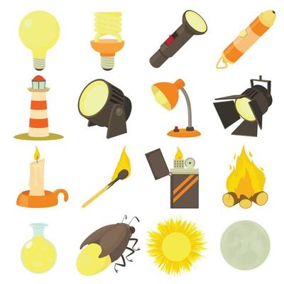 Light source icons set, cartoon style