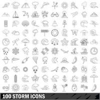 100 storm icons set, outline style vector