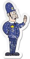 distressed sticker of a cartoon policeman making stop gesture vector