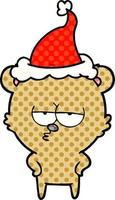 bored bear comic book style illustration of a wearing santa hat vector