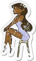 retro distressed sticker of a cartoon woman sitting on stool vector