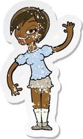 retro distressed sticker of a cartoon girl waving vector