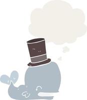 ballena de dibujos animados con sombrero de copa y burbuja de pensamiento en estilo retro vector