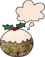 cute cartoon christmas pudding and thought bubble in grunge texture pattern style vector