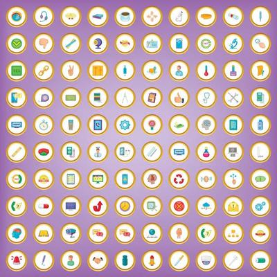 100 support icons set in cartoon style