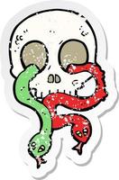 retro distressed sticker of a cartoon skull with snakes vector