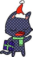 talking cat comic book style illustration of a wearing santa hat vector