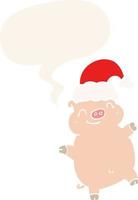 cartoon happy christmas pig and speech bubble in retro style vector