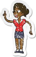 retro distressed sticker of a cartoon woman with great idea vector