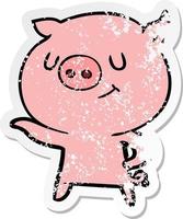 distressed sticker of a happy cartoon pig vector