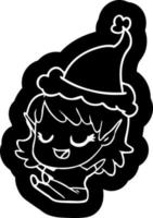 happy cartoon icon of a elf girl sitting wearing santa hat vector