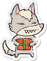 distressed sticker of a angry christmas wolf cartoon vector