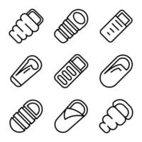 Sleeping bag icons set, outline style vector