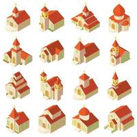 Church building icons set, isometric style vector