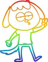 dibujo de línea de gradiente de arco iris perro cansado de dibujos animados dando señal de paz vector