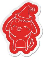 happy cartoon  sticker of a dog wearing santa hat vector