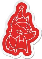 shy cartoon  sticker of a wolf wearing santa hat vector