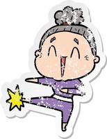 distressed sticker of a cartoon happy old lady vector